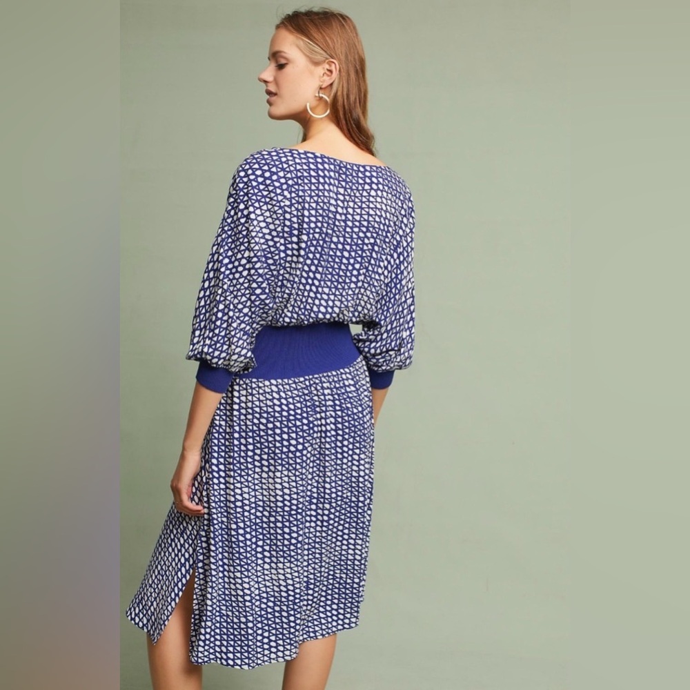 Anthropologie Maeve Blue + White Geometric Abstract Dolman Sleeve Midi Dress XS
